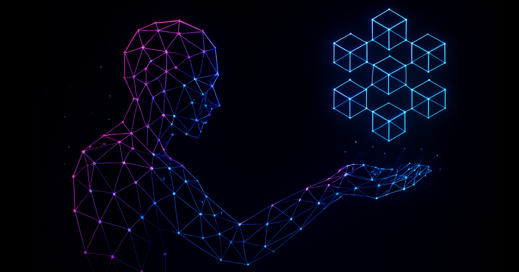 Digital artwork showing AI and blockchain merging — a glowing humanoid figure made of neural lines reaching toward blockchain cubes.