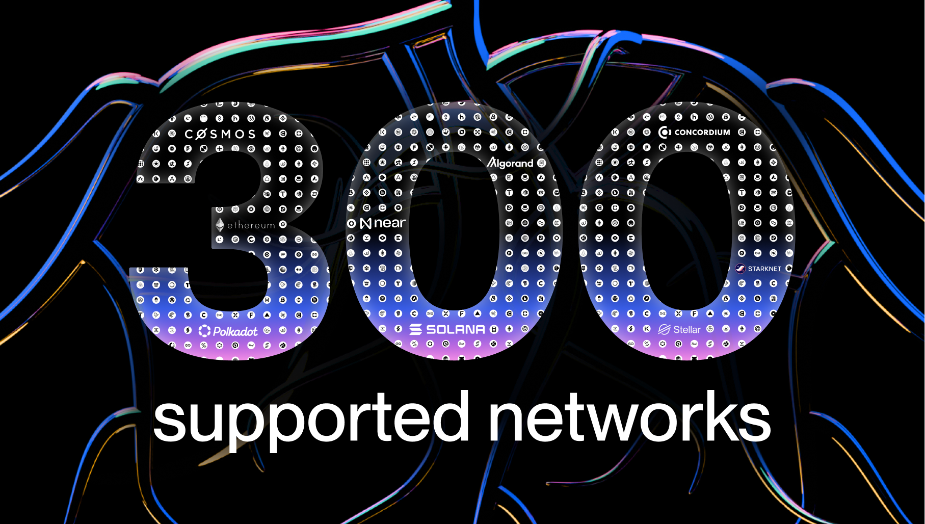 Image depicting SubQuery reaching 300 supported networks with logos of these networks used to spell out '300'