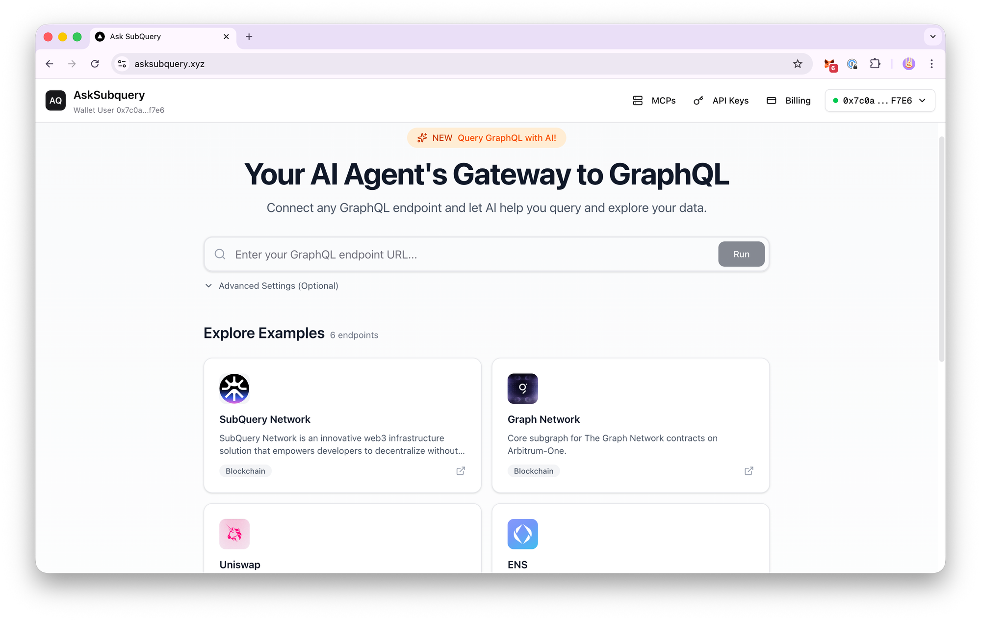 AskSubQuery interface showing AI-powered natural language queries returning blockchain data results.