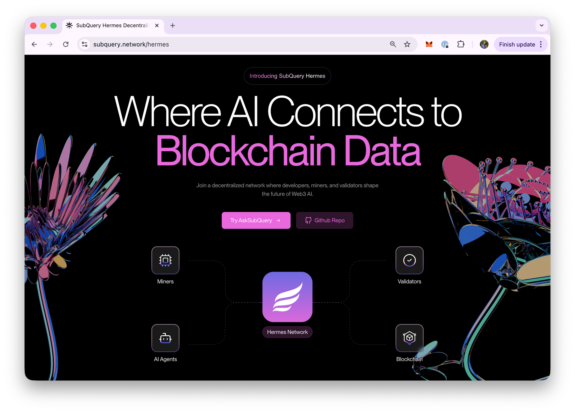Hermes landing page on SubQuery website explaining the Subnet value, alpha token and reward mechanisms.