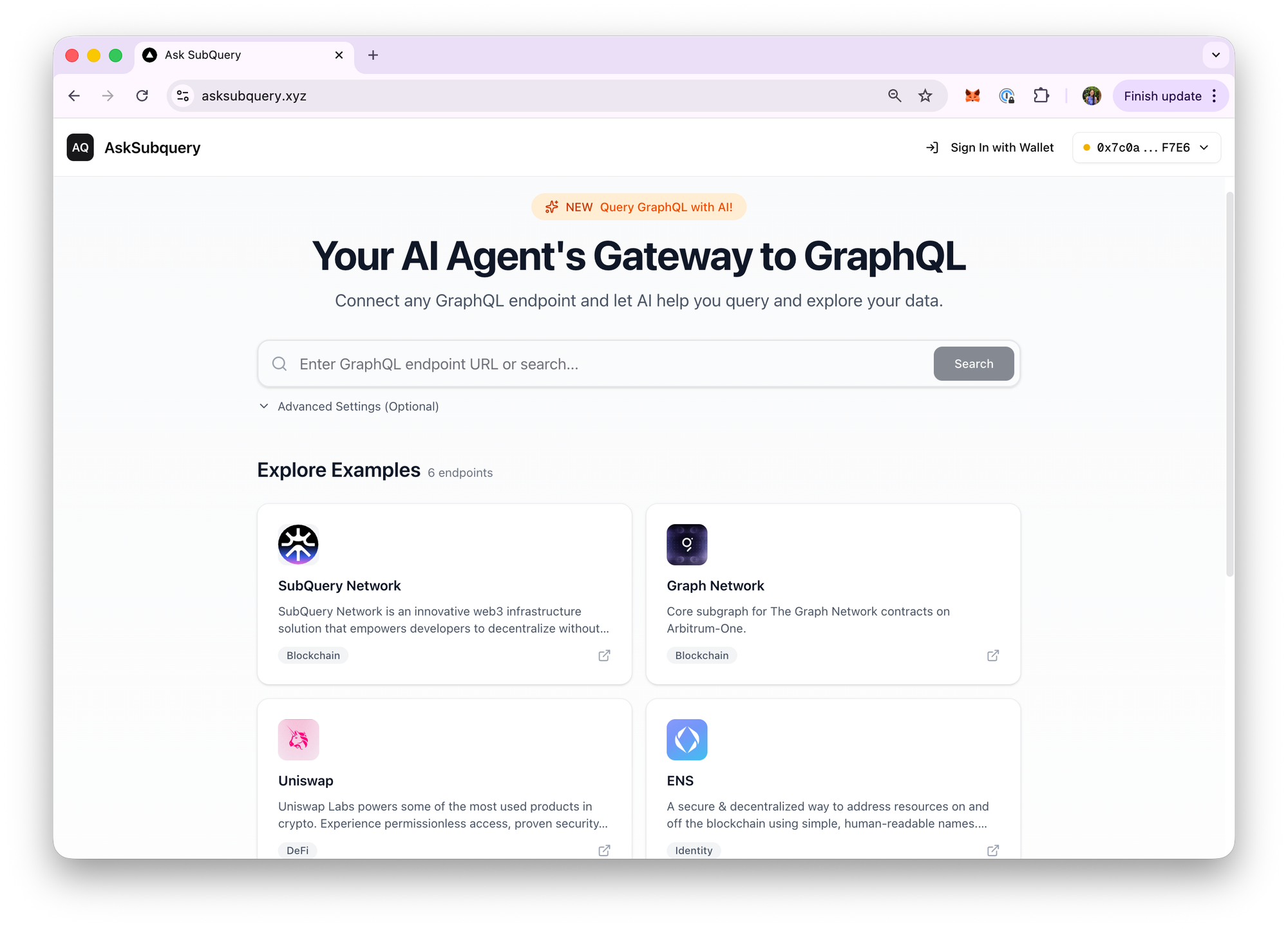 AskSubQuery interface showing AI-powered natural language queries returning blockchain data results.