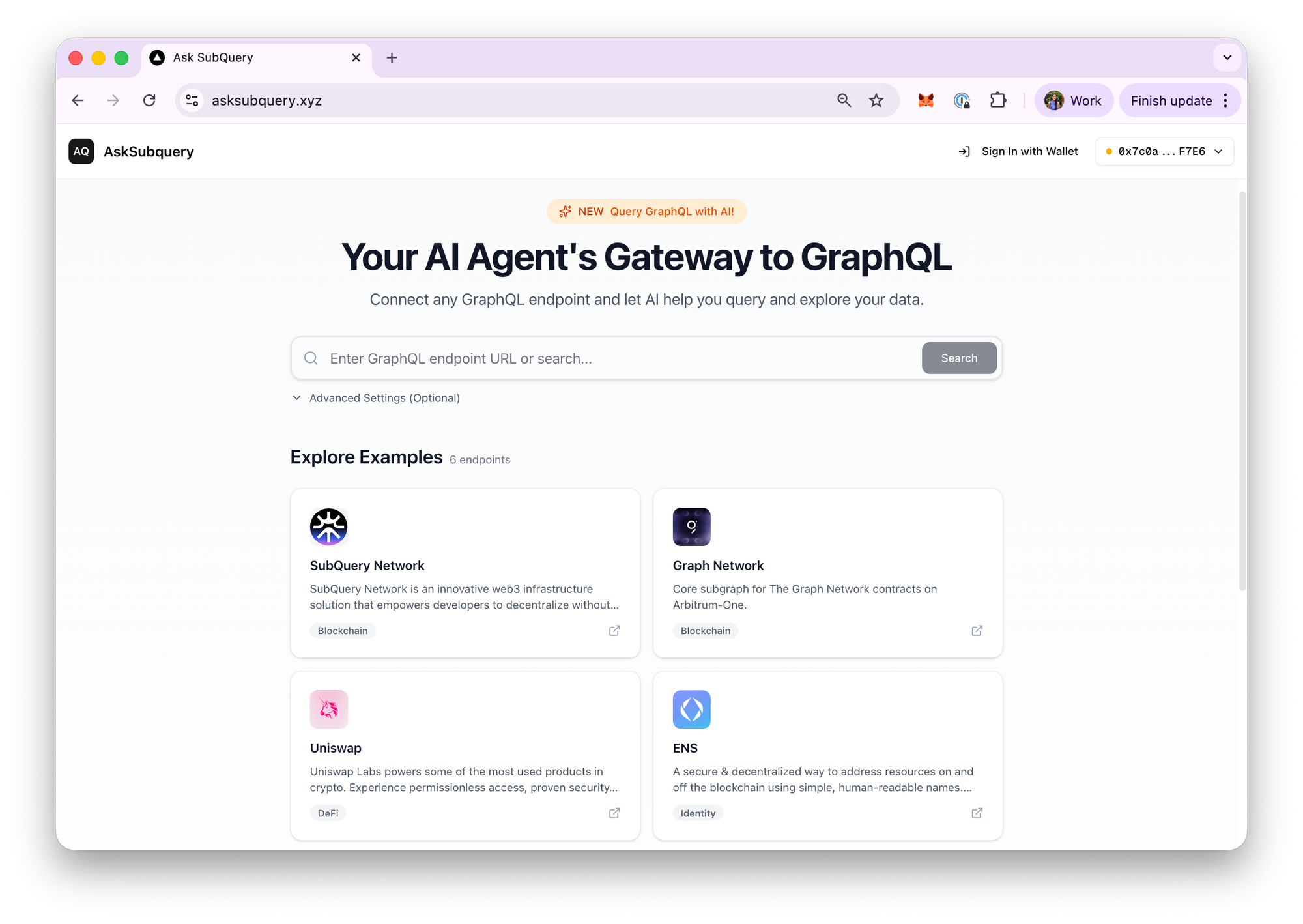 Alt-Text: AskSubQuery interface showing AI-powered natural language queries returning blockchain data results.